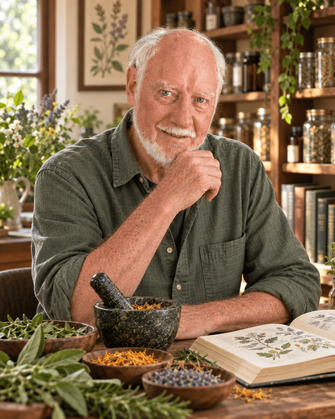 John Finch seated at an herbal medicine-making table with herbs, a mortar and pestle, and a botanical book.