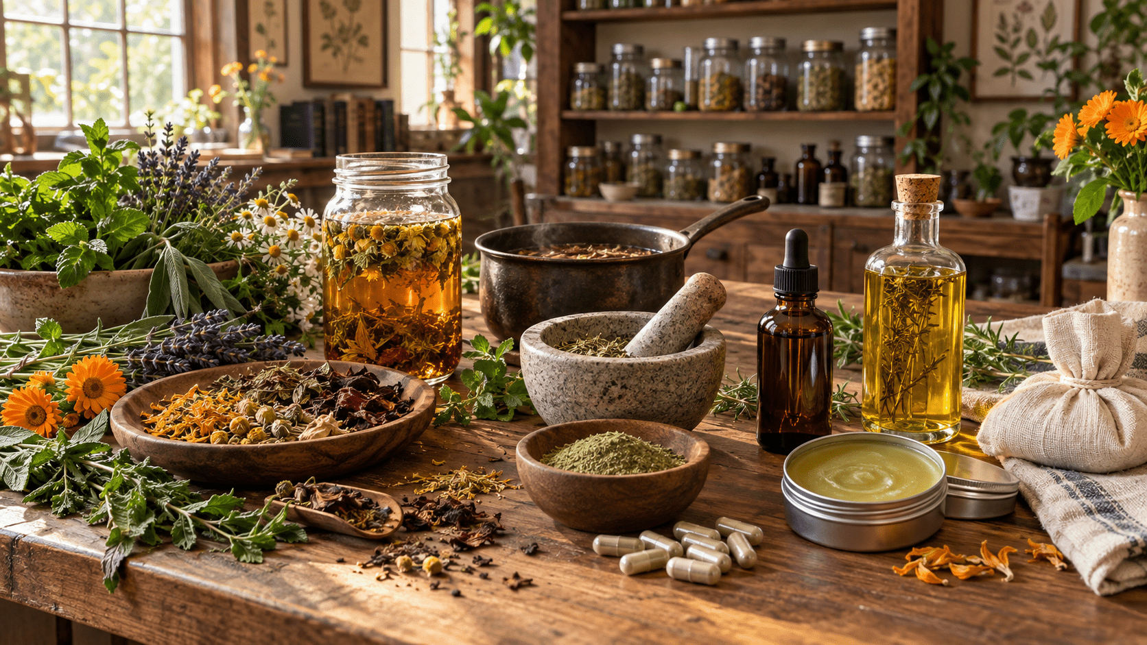 Medicinal herbs arranged with an infusion, decoction, tincture, infused oil, salve, powder, capsules, compress, and mortar and pestle