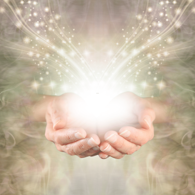 Illustration of cupped hands surrounded by soft light